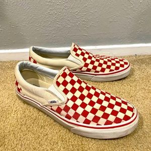Vans red checkered, red and white og slip ons size 10, very comfortable.